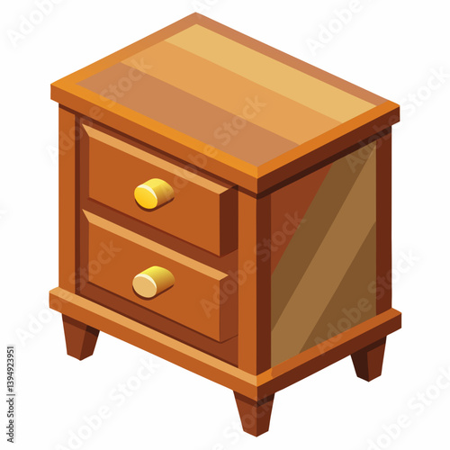 Wooden chest of drawers illustrated in isometric view, showcasing multiple drawers and a polished finish.