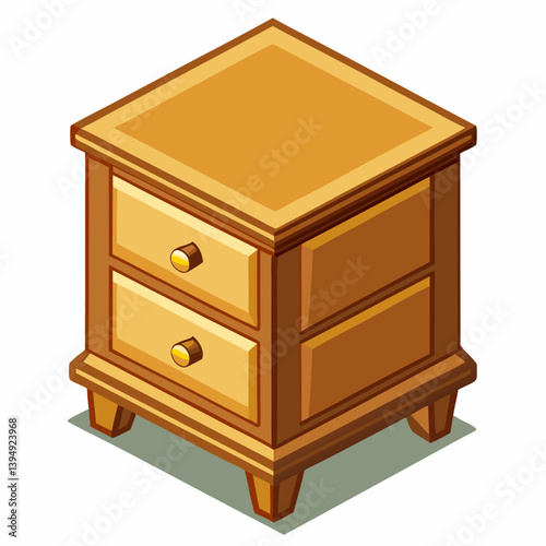 Wooden chest of drawers illustrated in isometric view, showcasing multiple drawers and a polished finish.
