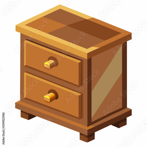 Wooden chest of drawers illustrated in isometric view, showcasing multiple drawers and a polished finish.