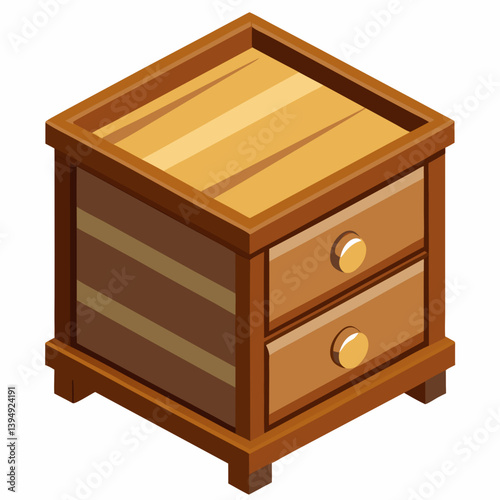 Wooden chest of drawers illustrated in isometric view, showcasing multiple drawers and a polished finish.