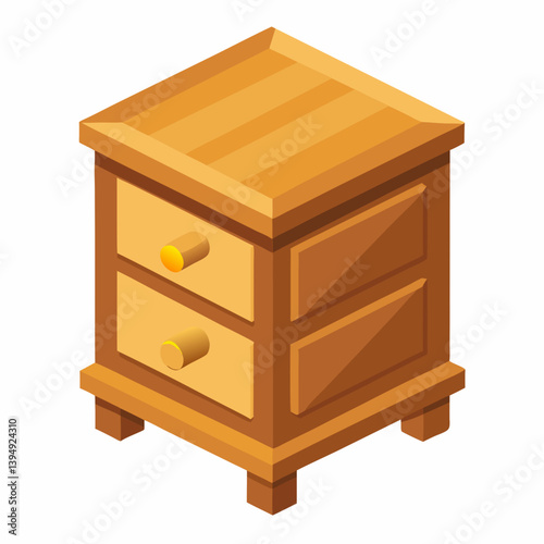 Wooden chest of drawers illustrated in isometric view, showcasing multiple drawers and a polished finish.