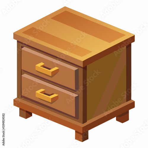 Wooden chest of drawers illustrated in isometric view, showcasing multiple drawers and a polished finish.
