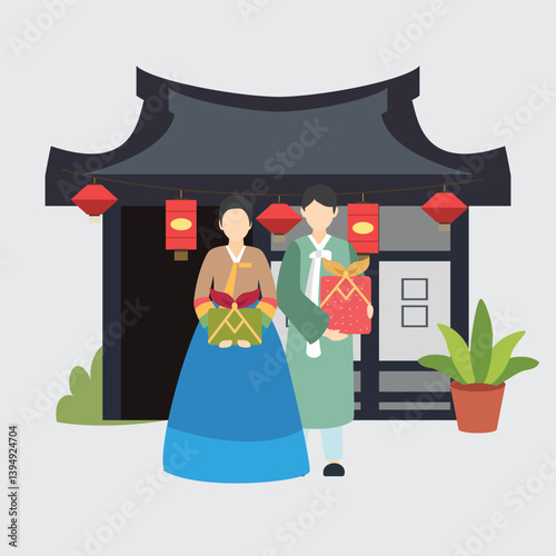 Printa couple who celebrating Chinese New Year in the Year of the Dragon,vector illustration evening, gentleman, married, anniversary, fashion, luck, pet, ethnic, lion, carnaval, feast, cosplay, soul,
