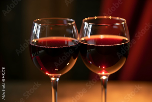 Aromatic indulgence, Exquisite wine glasses filled with rich red wine, reflecting light and evoking feelings of warmth, celebration, and conviviality
