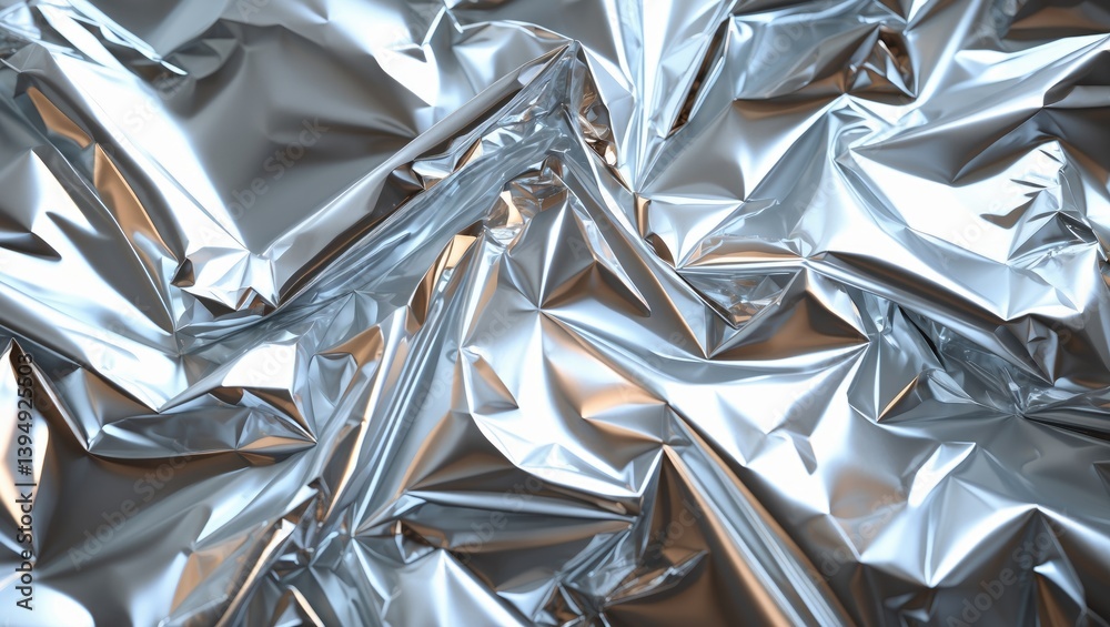 Zoomed-in image of folded foil. Abstract metallic paper motif. Texture of kitchen foil crumples. Silver abstract backdrop. Zoomed-in image of folded foil. Abstract metallic paper motif. Texture of kitchen foil crumples. Silver abstract backdrop.