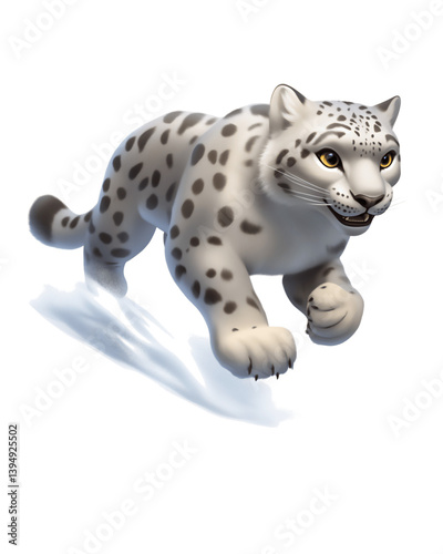 Dynamic 3D clay render of a snow leopard in motion with a transparent background