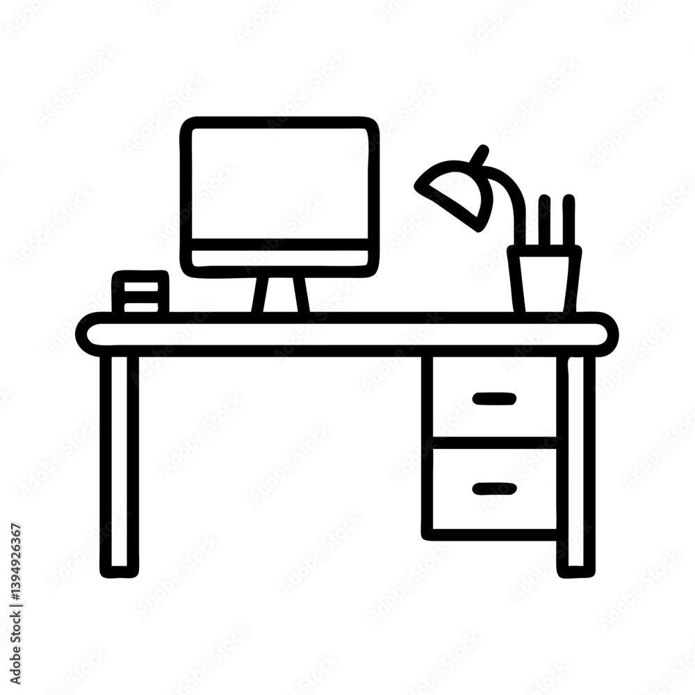 Office desk with computer and lamp vector illustration for workspace interior design and furniture outline Office desk with computer and lamp vector illustration for workspace interior design and furniture outline