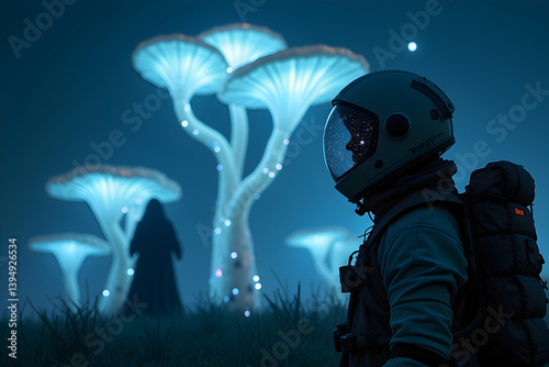 Astronaut's dreamlike odyssey amidst glowing fungi, capturing the essence of exploration in a surreal twilight landscape, where space meets nature's ethereal wonders