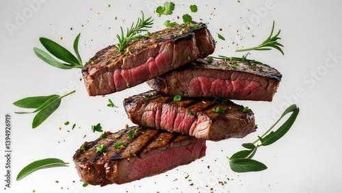 Beef Steaks on the Grill, lifelike brisket airborne, collection of grilled meats, highly realistic, detailed, perspective food shot, steak presentation