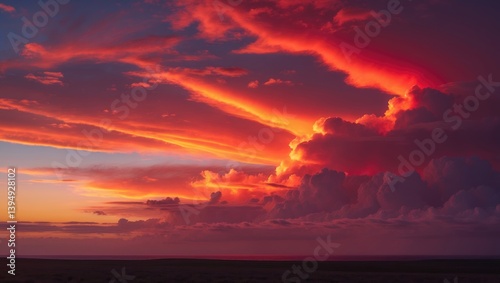 Crimson-orange sunset sky among the clouds, red sky.