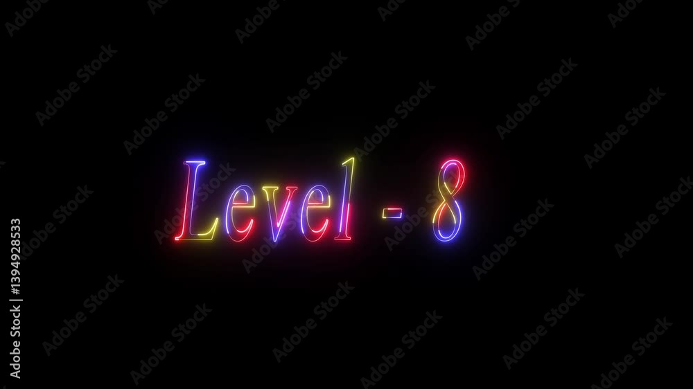 Level eight neon bright text colorful 4k video animation. Glowing ''Level - 8'' text on black background. Level eight neon bright text colorful 4k video animation. Glowing ''Level - 8'' text on black background.