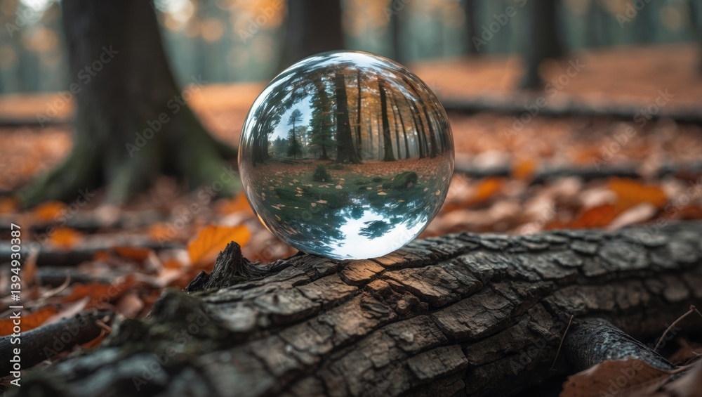 Soothsaying orb or glass ball for future predictions on a tree trunk surrounded by fall scenery with open space. Soothsaying orb or glass ball for future predictions on a tree trunk surrounded by fall scenery with open space.