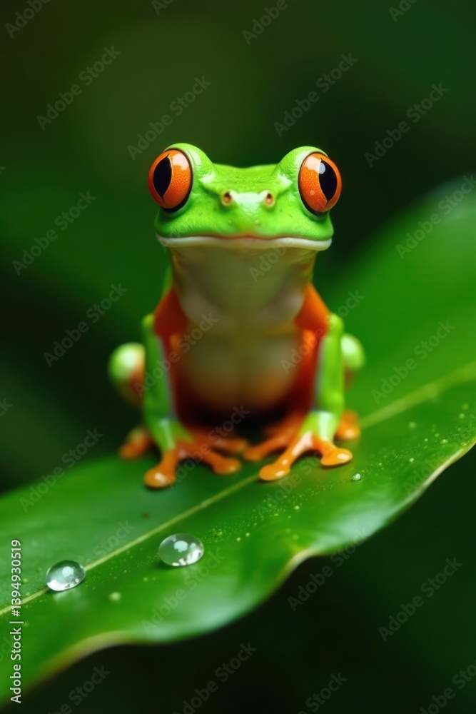 Vibrant Green Frog with Striking Orange Accents Perched on a Dew-Kissed Leaf Vibrant Green Frog with Striking Orange Accents Perched on a Dew-Kissed Leaf