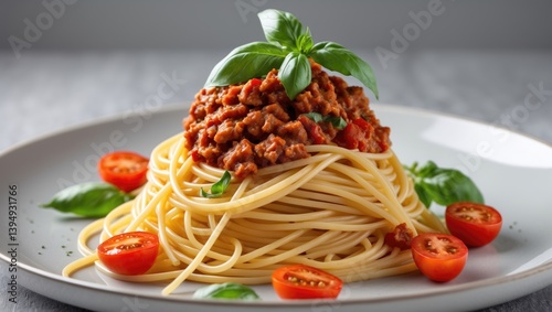 White plate of Spaghetti Pasta set on a gray surface. The sauce is a staple of classic cuisine. A well-liked food.