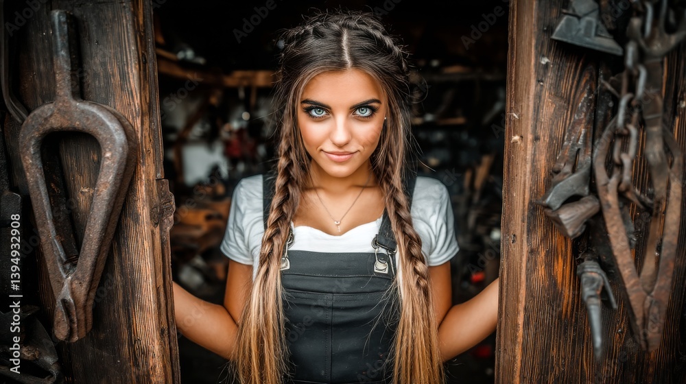 Fototapeta premium Young woman with braided hair posing in a rustic workshop doorway
