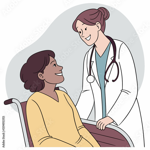 Doctor talking to a patient in a wheelchair, smiling