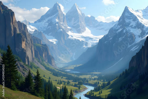 Breathtaking alpine landscape with towering snow capped mountains, serene valley, winding river, and lush greenery offering a tranquil and majestic view