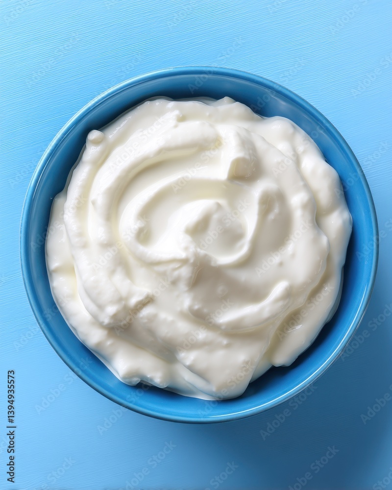 Creamy delight a bowl of smooth yogurt on a serene blue background overhead shot capturing simple healthy eating and fresh dairy product Creamy delight a bowl of smooth yogurt on a serene blue background overhead shot capturing simple healthy eating and fresh dairy product