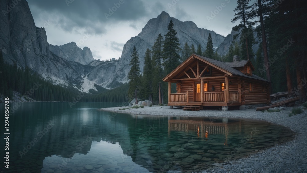 Fototapeta premium Warm wooden chalet by the lake in the Rockies National Park. Summer housing for hikers in the mountains.