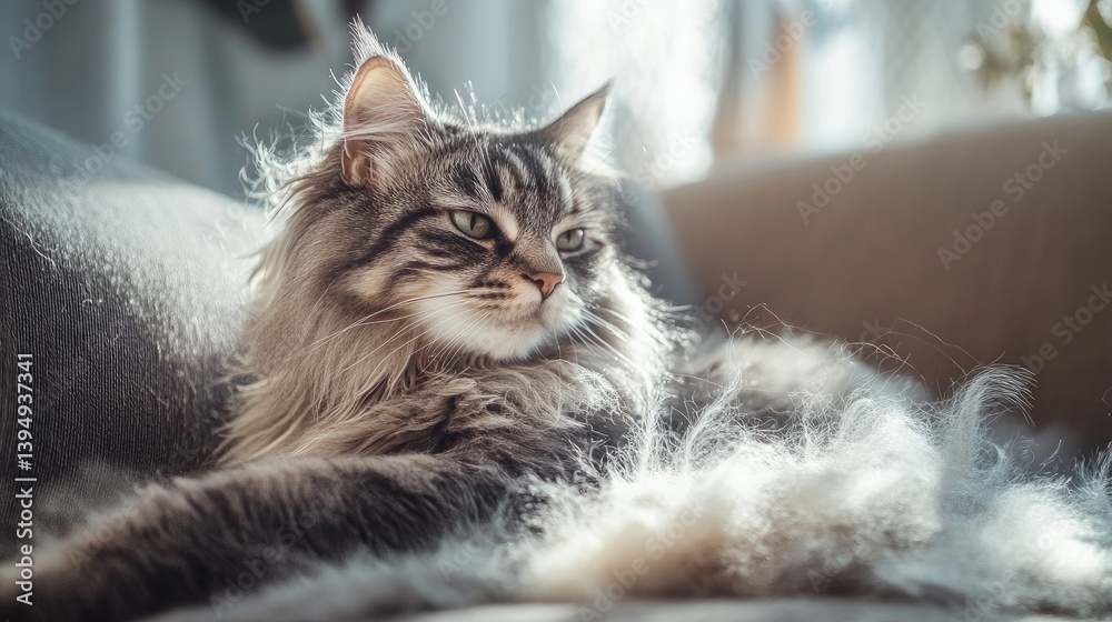 A dynamic shot of a cat shedding fur, with a focus on the loose hairs on furniture or a grooming brush, capturing the seasonal shedding process.
