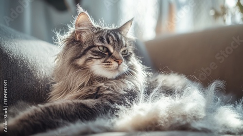 Obraz na płótnie A dynamic shot of a cat shedding fur, with a focus on the loose hairs on furniture or a grooming brush, capturing the seasonal shedding process. w salonie