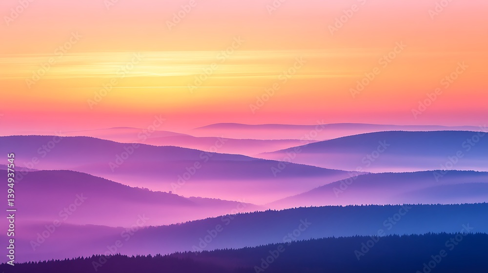 Obraz premium Misty Mountain Sunrise Lavender Purple Pink Hues