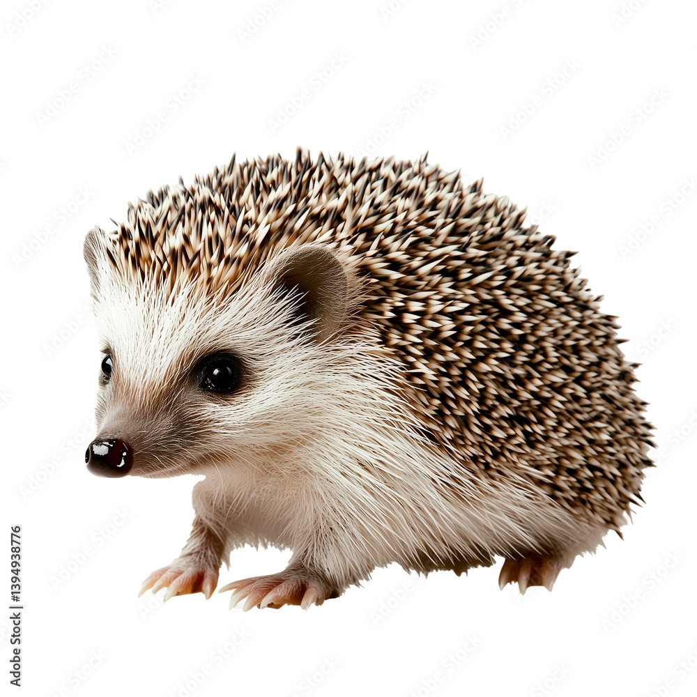 Obraz premium A small hedgehog with brown spines and a white belly on a transparent background, realistically depicted with pronounced details of the face and fur transparent background 