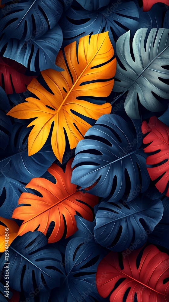 Vibrant tropical leaf pattern in yellow blue and red against dark background in HD
Vibrant tropical leaf pattern in yellow blue and red against dark background in HD