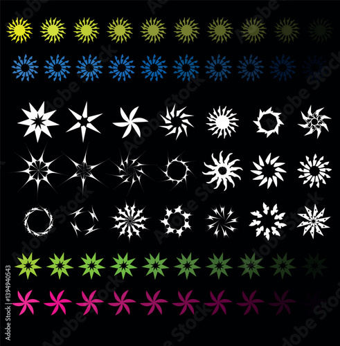 Colorful starburst vector illustration depicting various designs in vibrant hues against a black background
