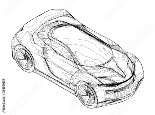 A drawing of a car with a black background. The car is a futuristic design with a sleek and aerodynamic shape. The drawing is in black and white, giving it a classic and timeless feel. Isometric view