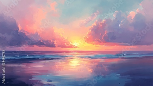 Pink sunset ocean beach reflection, calming landscape, digital art