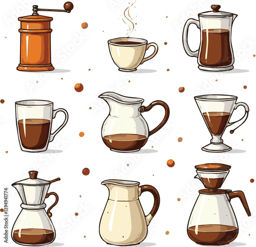 Create a Coffee brewing equipment concept illustration. Collections of coffee grinder, portafilter, milk pitcher, espresso machine and other barista supplies. Hand drawn doodle vector illustrations se