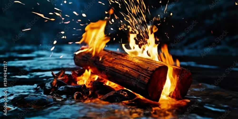 Fire burning wood in the water. Intense bonfire burning bright orange flames glowing embers sparks flying charred log dark night outdoor warmth light contrast crackling fire flame breakout devastating