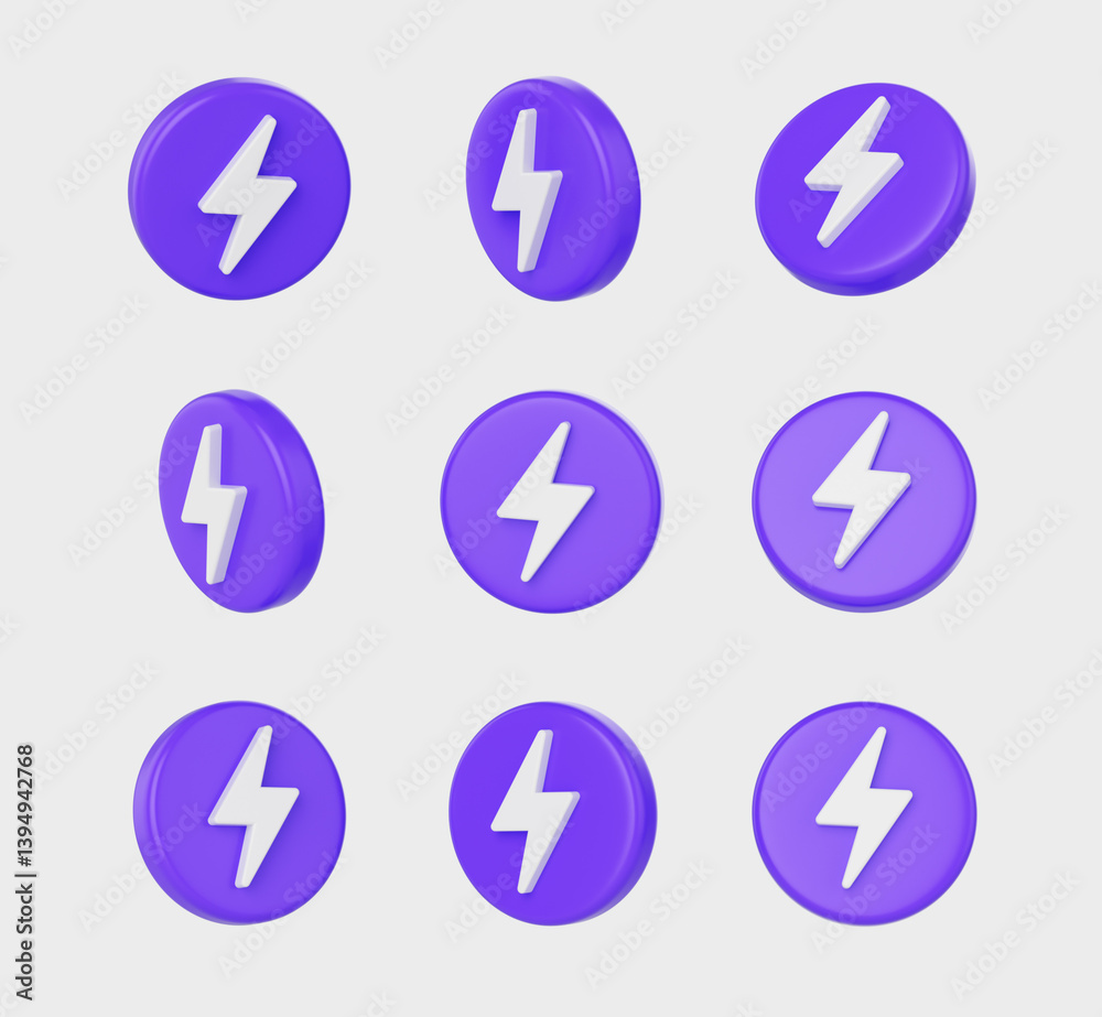 Purple icons with a white lightning bolt symbol, symbolizing energy, power and speed, 3d illustration Purple icons with a white lightning bolt symbol, symbolizing energy, power and speed, 3d illustration