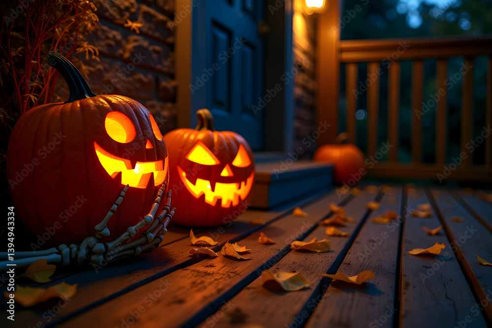 Fototapeta premium Captivating Halloween Night Scene, Illuminated Carved Pumpkins and Autumnal Ambiance on a Rustic Porch, Setting the Stage for Spooky Festivities and Seasonal Charm