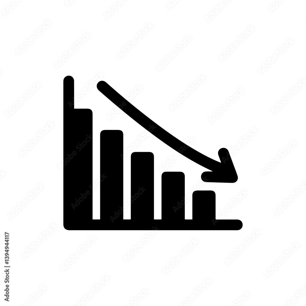 Bar Chart with Declining Arrow Icon in Flat Black Style for Financial Loss Bar Chart with Declining Arrow Icon in Flat Black Style for Financial Loss