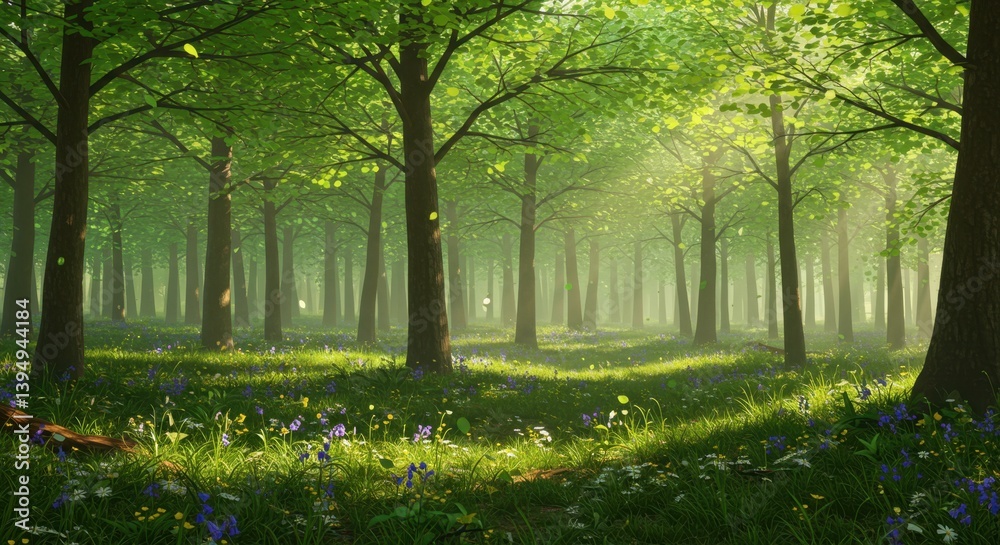 Naklejka premium Sun-Dappled Spring Forest Illustration