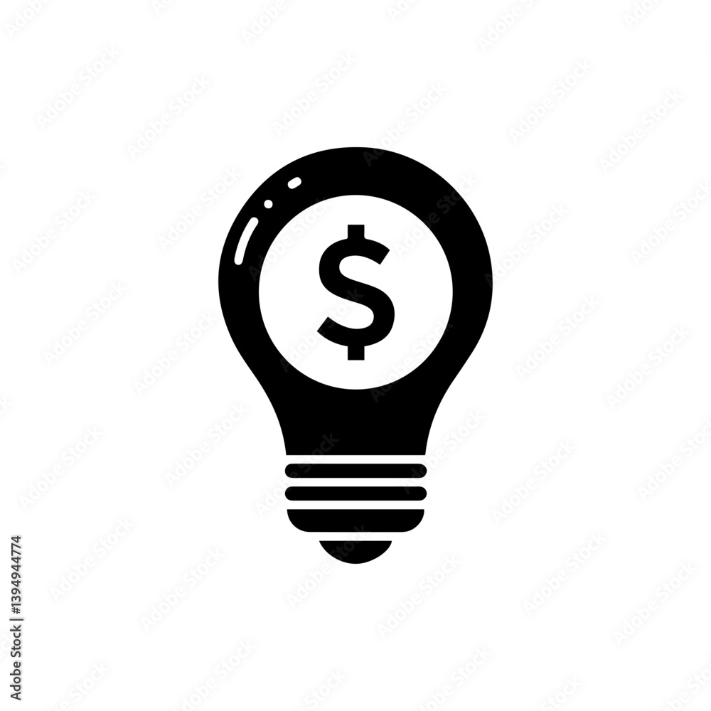 Flat Black Icon of Lightbulb with Dollar Symbol for Innovative Idea Flat Black Icon of Lightbulb with Dollar Symbol for Innovative Idea