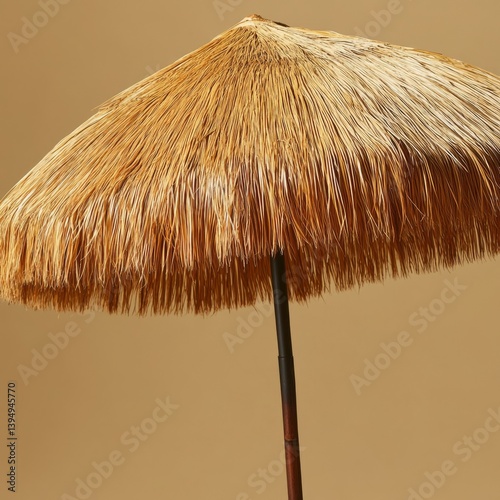 A thatch umbrella with a wooden pole is positioned against a neutral wall