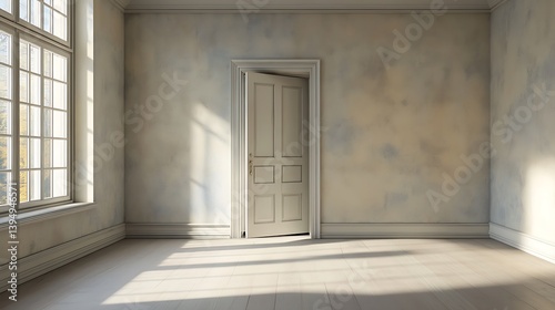 Empty Room with Open Door and Sunlight Streaming Through Window