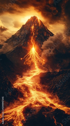 Dramatic volcanic eruption with flowing lava against a stormy sky creating a fiery landscape of destruction and natural power