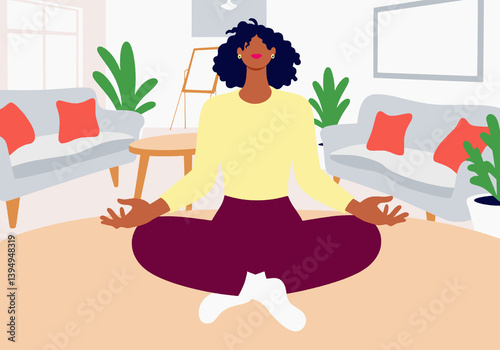 Illustration of a woman with black heir meditating in a living room with modern decor and plants. photo