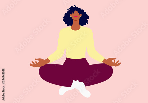Illustration of a woman meditating in a cross-legged pose on a pastel background.