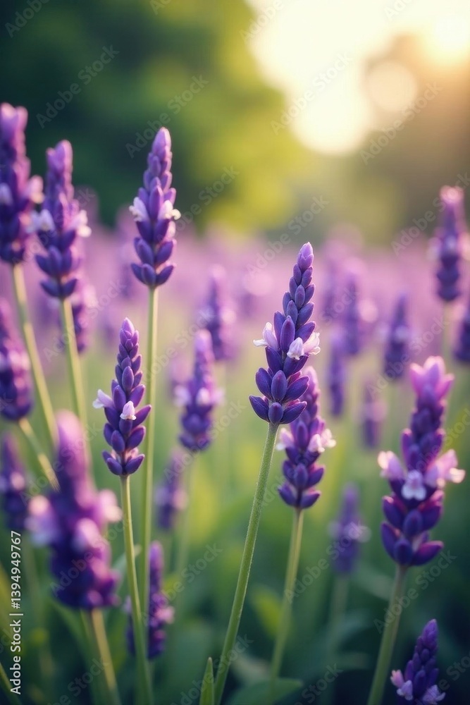 Naklejka premium Vibrant purple lavender blooms, soft meadow blur , floral, background, aromatic
