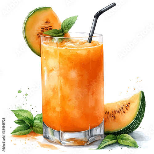 Cantaloupe Juice, watercolor illustration, isolated on a white background.

