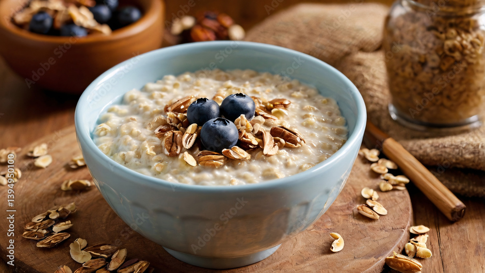Oatmeal with sweet berries. Background with breakfasts for cafe Oatmeal with sweet berries. Background with breakfasts for cafe