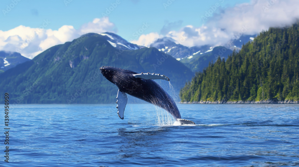 Fototapeta premium humpback whale leaps out of water against backdrop of mountains and lush forests, showcasing beauty of nature
