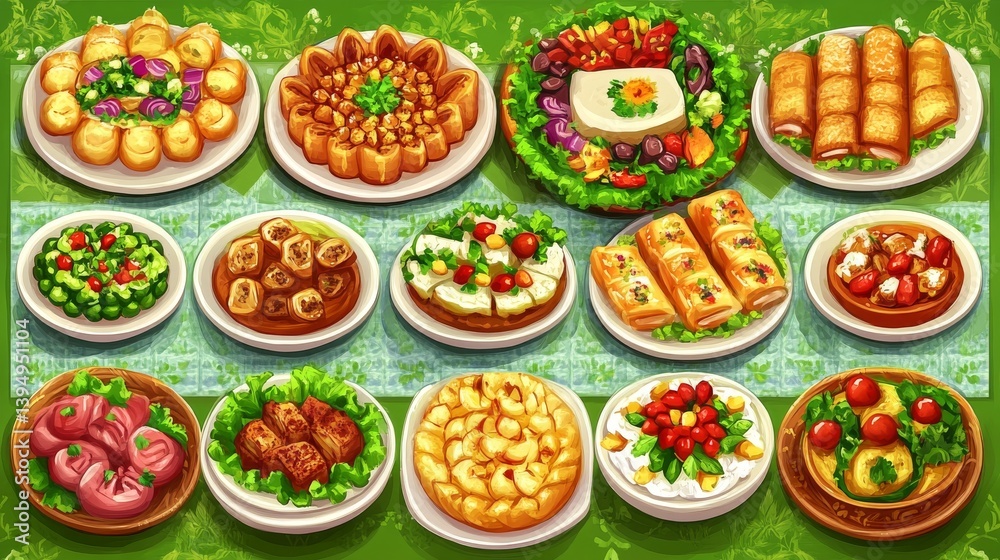 A menu for an Arabic restaurant, with a Ramadan greeting card and a modern illustration depicting an iftar party A menu for an Arabic restaurant, with a Ramadan greeting card and a modern illustration depicting an iftar party