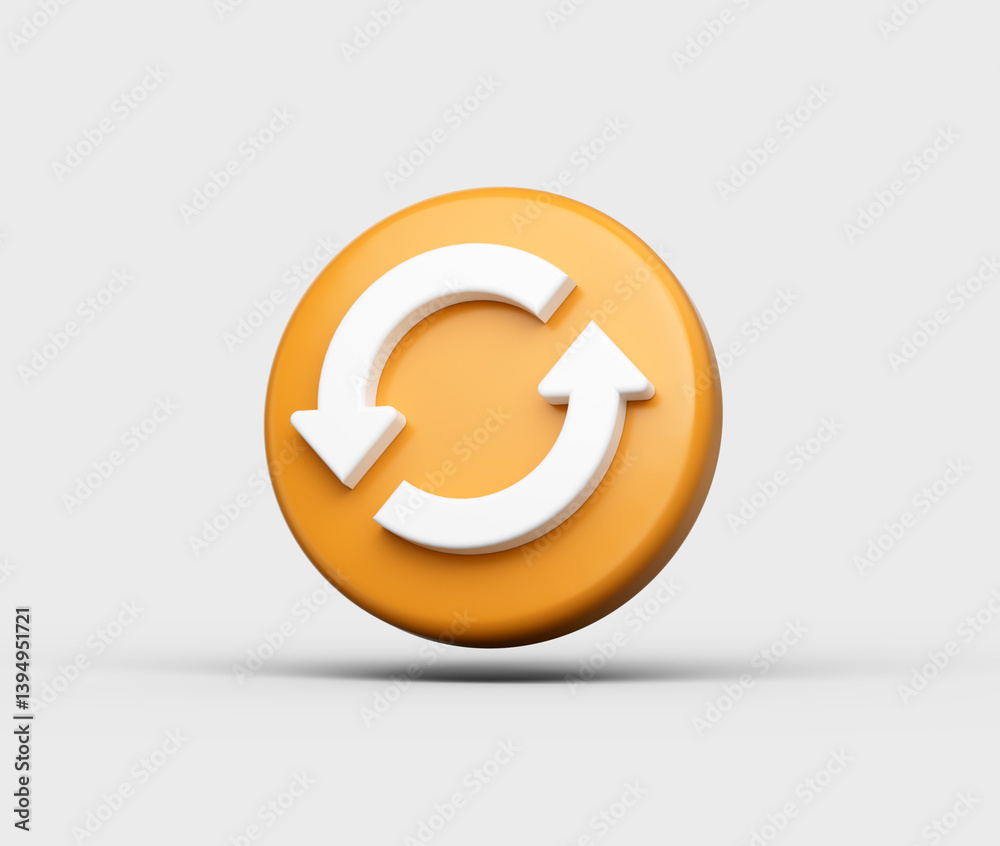 Orange circular button with a white refresh icon featuring two curved arrows, 3d illustration Orange circular button with a white refresh icon featuring two curved arrows, 3d illustration
