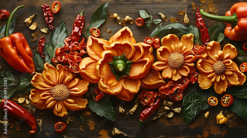 Naklejka premium A chili food art piece with peppers carved into intricate floral shapes